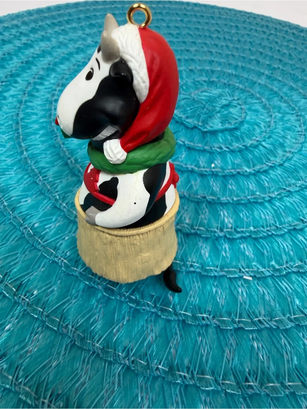 Hallmark White and Black Cow Ornament with Red and Green Gift